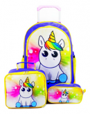 Mochila Rodinhas Unicornio Lancheira e Estojo